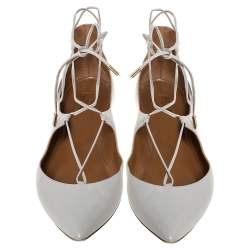 Pre Owned Aquazzura Grey Leather Christie Ankle Wrap Pointed Toe Flats Size 41