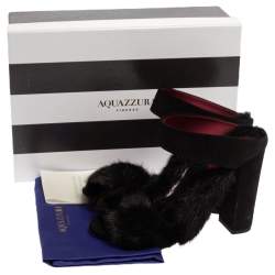 Pre Owned Aquazzura Black Suede And Mink Fur Purr Purr Ankle Strap Sandals Size 38.5