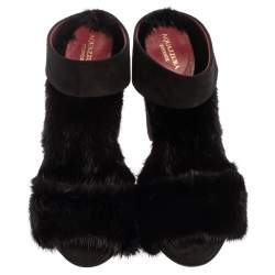 Pre Owned Aquazzura Black Suede And Mink Fur Purr Purr Ankle Strap Sandals Size 38.5