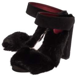 Pre Owned Aquazzura Black Suede And Mink Fur Purr Purr Ankle Strap Sandals Size 38.5