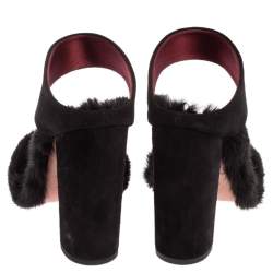 Pre Owned Aquazzura Black Suede And Mink Fur Purr Purr Ankle Strap Sandals Size 38.5