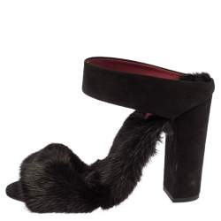 Pre Owned Aquazzura Black Suede And Mink Fur Purr Purr Ankle Strap Sandals Size 38.5