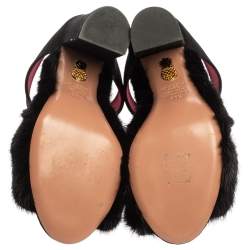 Pre Owned Aquazzura Black Suede And Mink Fur Purr Purr Ankle Strap Sandals Size 38.5