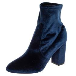 Pre Owned Aquazzura Blue Velvet Slip On Ankle Boots Size 38