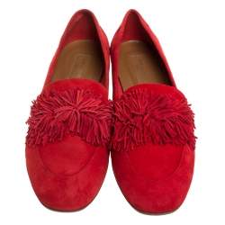 Aquazzura Red Suede Leather Wild Thing Fringe Slip On Loafers Size 38