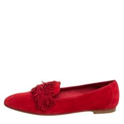 Aquazzura Red Suede Leather Wild Thing Fringe Slip On Loafers Size 38