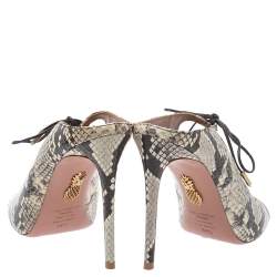 Pre Owned Aquazzura Cream/Black Python Embossed Leather Tie Up Sandals Size 38.5