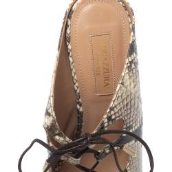Pre Owned Aquazzura Cream/Black Python Embossed Leather Tie Up Sandals Size 38.5