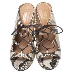 Pre Owned Aquazzura Cream/Black Python Embossed Leather Tie Up Sandals Size 38.5