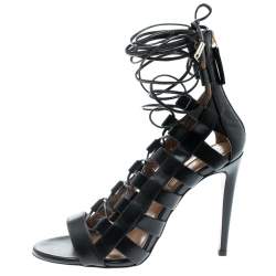 Pre Owned Aquazzura Black Leather Amazon Lace Up Open Toe Sandals Size 37