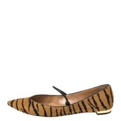 Pre Owned Aquazzura Tan Tiger Print Calfhair Mary Jane Pointed Toe Flats Size 37.5