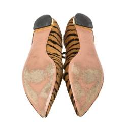 Pre Owned Aquazzura Tan Tiger Print Calfhair Mary Jane Pointed Toe Flats Size 37.5