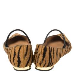 Pre Owned Aquazzura Tan Tiger Print Calfhair Mary Jane Pointed Toe Flats Size 37.5