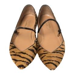 Pre Owned Aquazzura Tan Tiger Print Calfhair Mary Jane Pointed Toe Flats Size 37.5