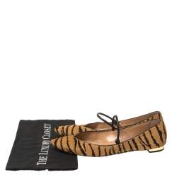 Pre Owned Aquazzura Tan Tiger Print Calfhair Mary Jane Pointed Toe Flats Size 37.5