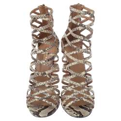 Pre Owned Aquazzura Cream/lBlack Python Leather Knockout Cage Sandals Size 37.5