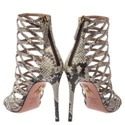 Pre Owned Aquazzura Cream/lBlack Python Leather Knockout Cage Sandals Size 37.5