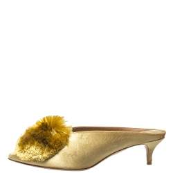 Pre Owned Aquazzura Gold Velet Powder Puff Mule Sandals Size 36.5