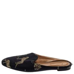 Pre Owned Aquazzura Navy Blue Canvas Tiger Embroidered Mules Flat Size 41