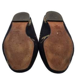 Pre Owned Aquazzura Navy Blue Canvas Tiger Embroidered Mules Flat Size 41