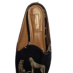 Pre Owned Aquazzura Navy Blue Canvas Tiger Embroidered Mules Flat Size 41