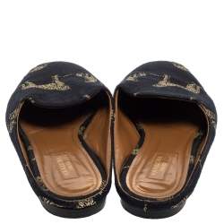 Pre Owned Aquazzura Navy Blue Canvas Tiger Embroidered Mules Flat Size 41