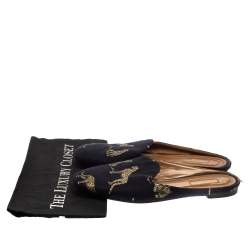 Pre Owned Aquazzura Navy Blue Canvas Tiger Embroidered Mules Flat Size 41
