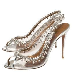 مملوكة مسبقًا Aquazzura Silver PVC And Leather Temptation Crystal Sandals Size 40