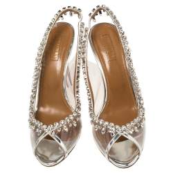 مملوكة مسبقًا Aquazzura Silver PVC And Leather Temptation Crystal Sandals Size 40