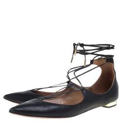 Pre Owned صندل فلات أكوازورا شريستي جلد أسود مقاس 38.5