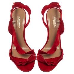 مملوكة مسبقًا Aquazzura Red Suede Ruffle Sandals Size 37