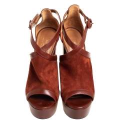 Pre Owned صندل أكوازورا إيسا سويدي بني وجلد نعل سميك بحزام للكاحل مقاس 35.5