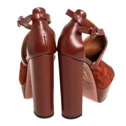 Pre Owned صندل أكوازورا إيسا سويدي بني وجلد نعل سميك بحزام للكاحل مقاس 35.5