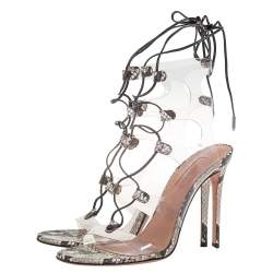 مملوكة مسبقًا Aquazzura Beige/Brown Python Embossed Leather And PVC Lace Up Sandals Size 37.5