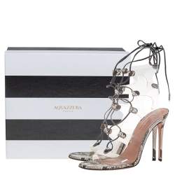 مملوكة مسبقًا Aquazzura Beige/Brown Python Embossed Leather And PVC Lace Up Sandals Size 37.5