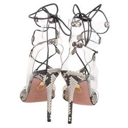 مملوكة مسبقًا Aquazzura Beige/Brown Python Embossed Leather And PVC Lace Up Sandals Size 37.5