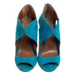 Pre Owned Aquazzura Blue Suede Cut Out Elle Peep Toe Sandals Size 36