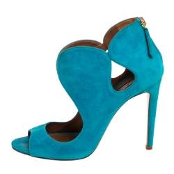 Pre Owned Aquazzura Blue Suede Cut Out Elle Peep Toe Sandals Size 36