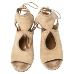 Pre Owned Aquazzura Beige Suede Cutout Sexy Thing Ankle Wrap Sandals Size 37