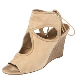 Pre Owned Aquazzura Beige Suede Cutout Sexy Thing Ankle Wrap Sandals Size 37
