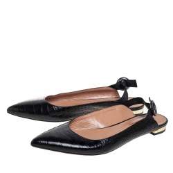 مملوكة مسبقًا صندل أكوازورا فتحة كعب جلد نقش تمساح أسود مقاس 36.5