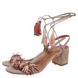 Pre Owned Aquazzura Multicolor Suede Wild Thing Fringe Ankle Wrap Sandals Size 37