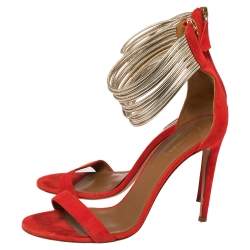 Pre Owned Aquazzura Orange Suede Spin Me Around Ankle Cuff Sandals Size 40