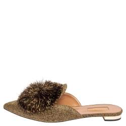 Aquazzura Gold Lurex Fabric Powder Puff Pom Pom Flat Slides Size