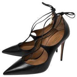 Pre Owned حذاء كعب عالي أكوازورا ملتف حول الكاحل شريستي جلد أسود مقاس 40