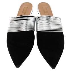 مملوكة مسبقًا حذاء سلايد فلات رينديفو جلد وسويدي فضي/أسود مقاس 41