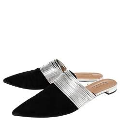 مملوكة مسبقًا حذاء سلايد فلات رينديفو جلد وسويدي فضي/أسود مقاس 41