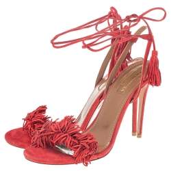 Pre Owned Aquazzura Red Suede Wild Things Ankle Wrap Sandals Size 38