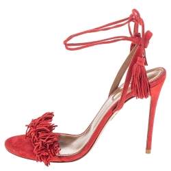 Pre Owned Aquazzura Red Suede Wild Things Ankle Wrap Sandals Size 38