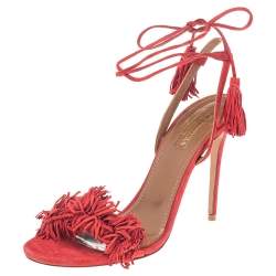 Pre Owned Aquazzura Red Suede Wild Things Ankle Wrap Sandals Size 38